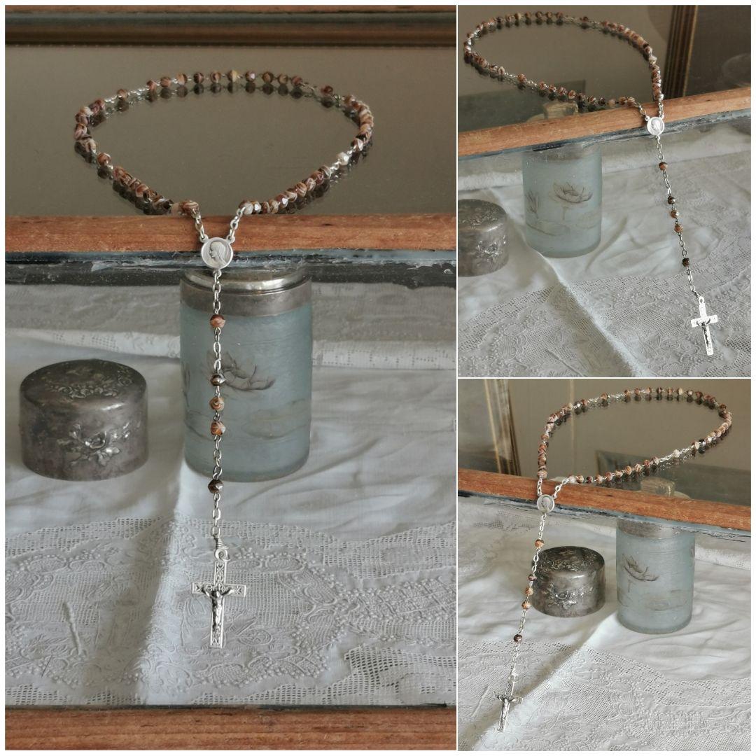 アンティーク ベルギーイタリア ブラウンマーブルガラス マリアとイエスのロザリオ