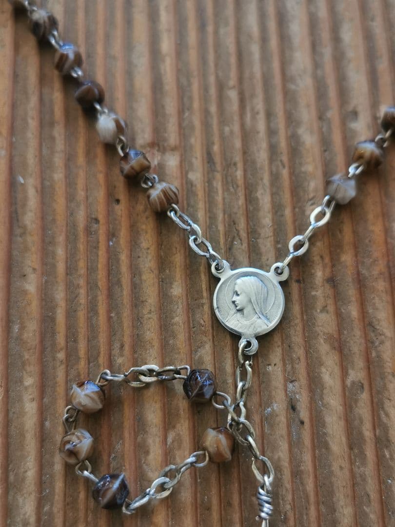 アンティーク ベルギーイタリア ブラウンマーブルガラス マリアとイエスのロザリオ