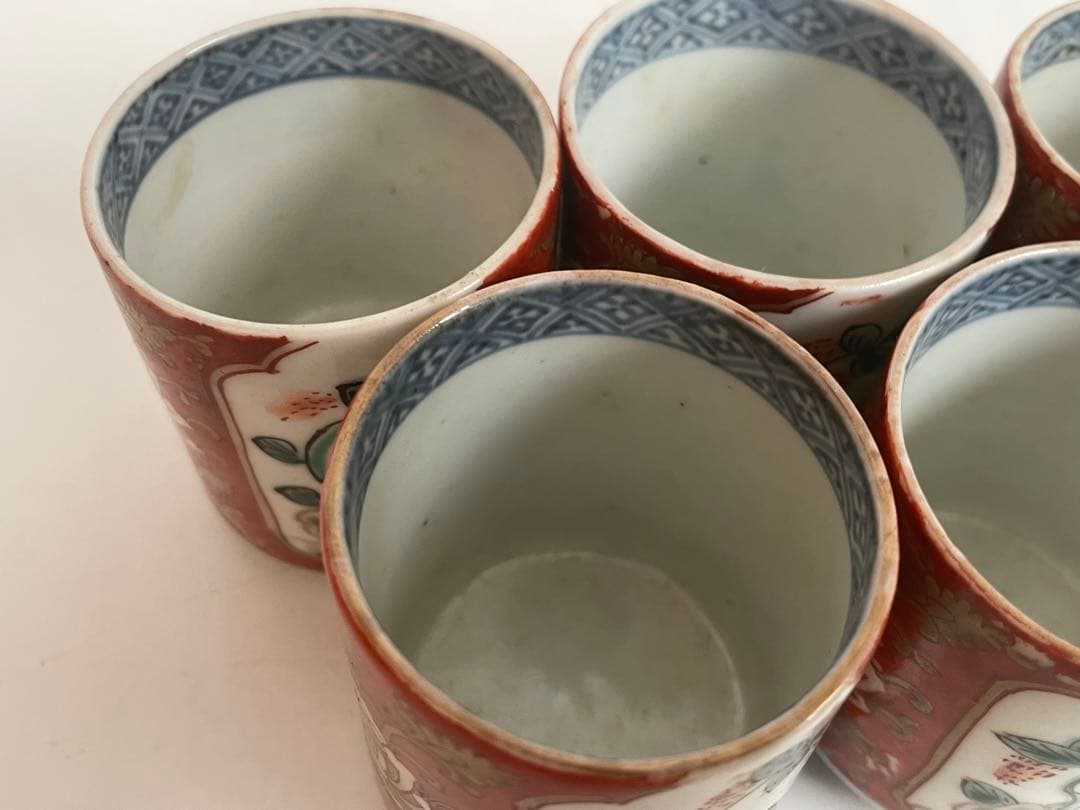 骨董　アンティーク　古伊万里　色絵　覗き猪口　　5客　筒杯　共箱