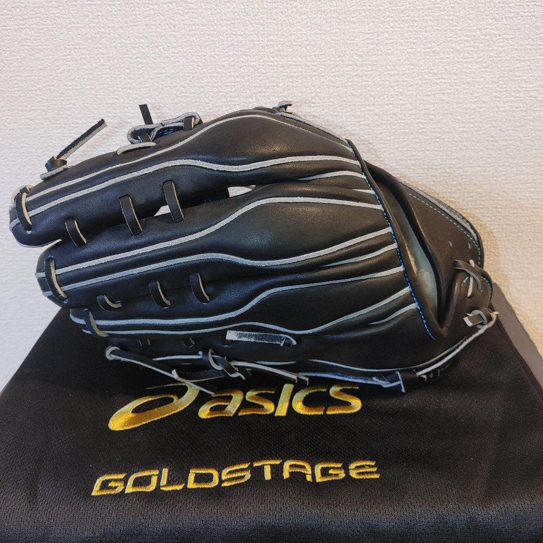 ASICS　ゴールドステージ　硬式　外野　ブラック×ブルーステッチ 湯もみ