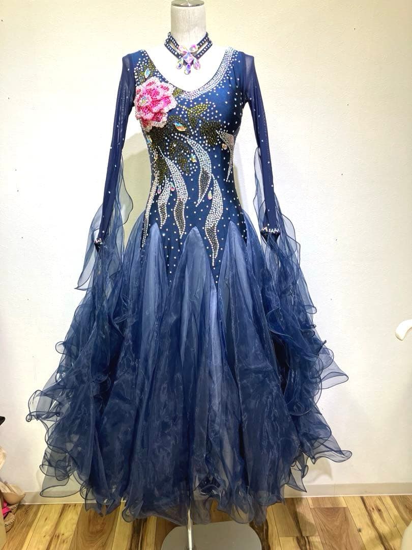 社交ダンス　スタンダードドレス　モダンドレス　　スパンコール　ネイビー　花柄