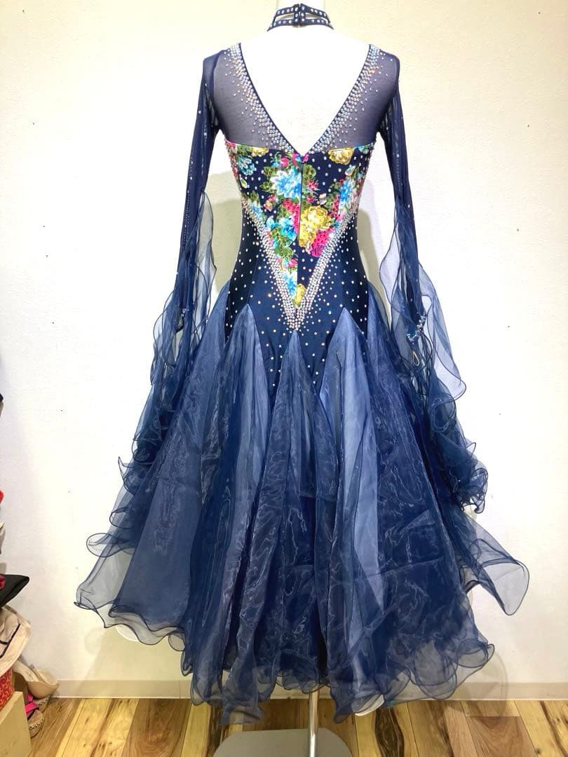 社交ダンス　スタンダードドレス　モダンドレス　　スパンコール　ネイビー　花柄