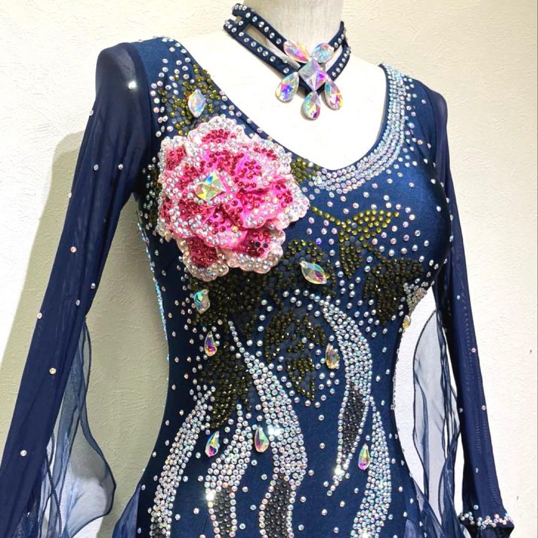 社交ダンス　スタンダードドレス　モダンドレス　　スパンコール　ネイビー　花柄