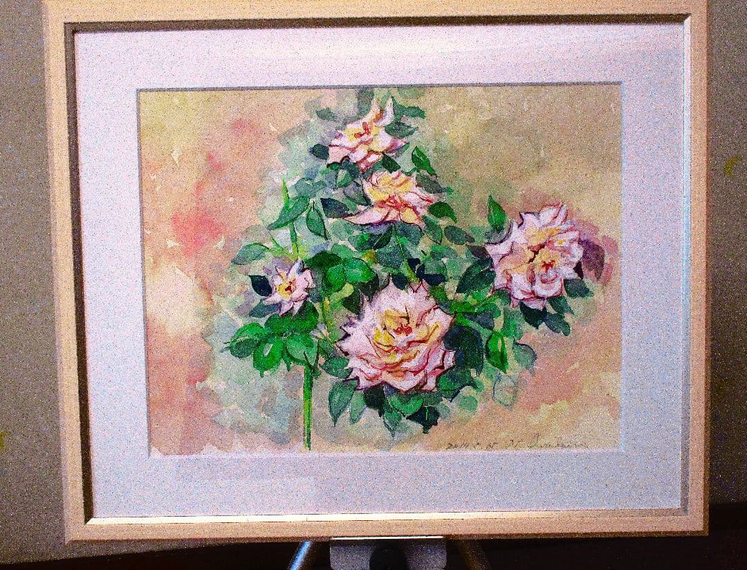 水彩画 バラの花 額装済み