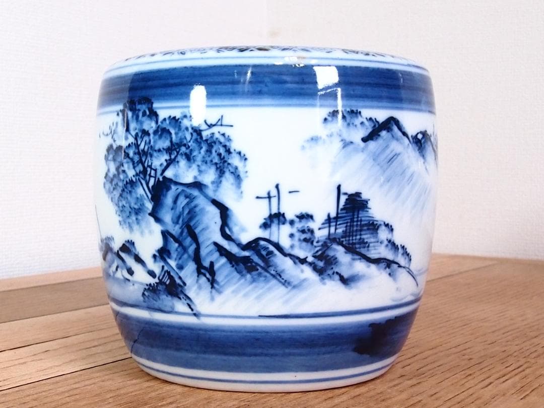 【骨董・美品】染付山水手焙 一対/2個 絵変わり 火鉢/金魚鉢/メダカ鉢 家具