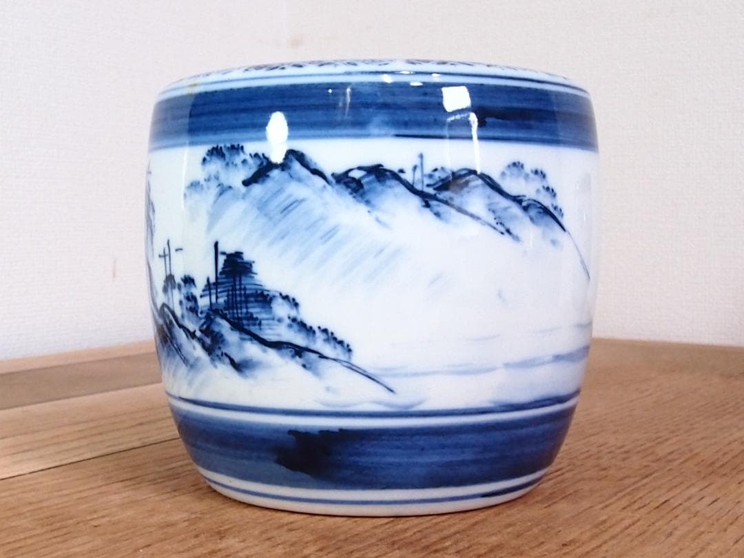 【骨董・美品】染付山水手焙 一対/2個 絵変わり 火鉢/金魚鉢/メダカ鉢 家具