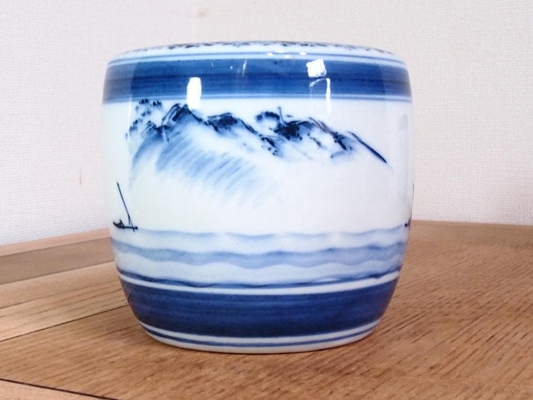 【骨董・美品】染付山水手焙 一対/2個 絵変わり 火鉢/金魚鉢/メダカ鉢 家具