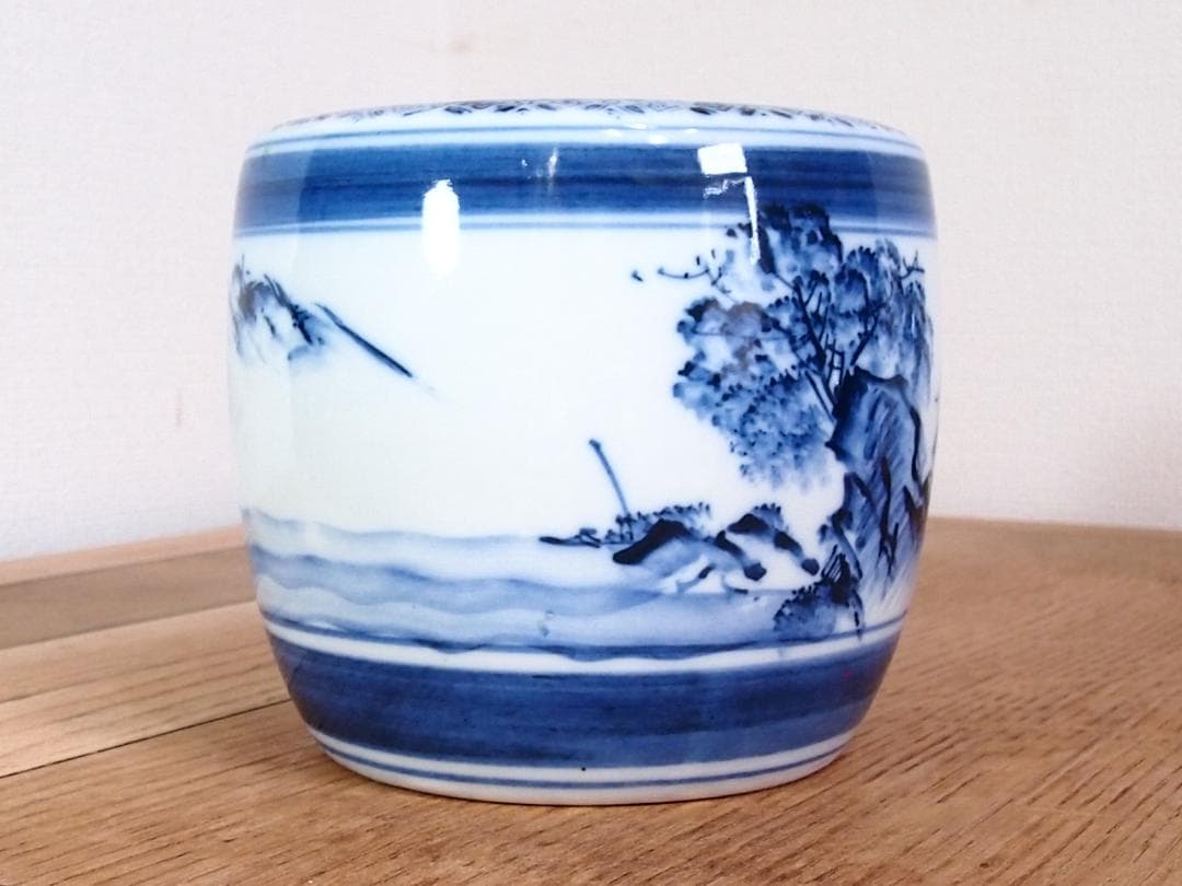 【骨董・美品】染付山水手焙 一対/2個 絵変わり 火鉢/金魚鉢/メダカ鉢 家具