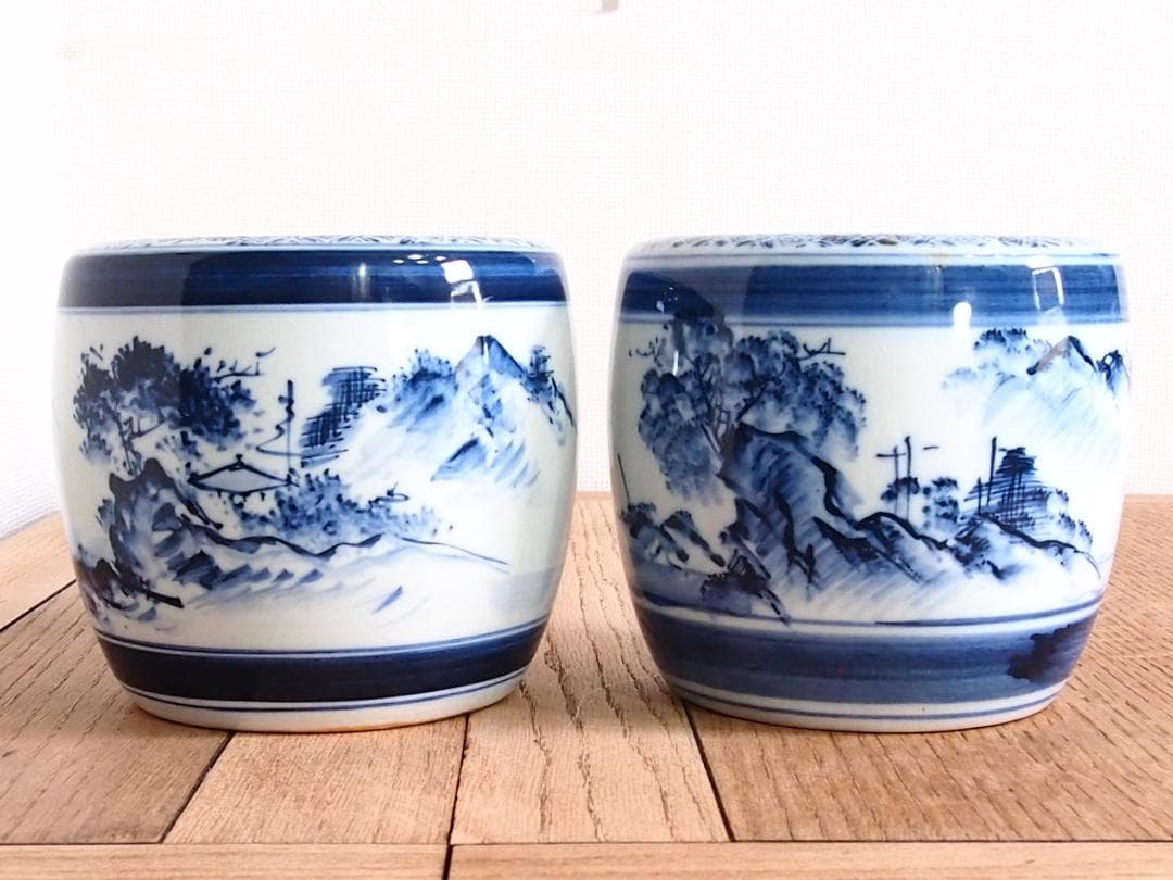 【骨董・美品】染付山水手焙 一対/2個 絵変わり 火鉢/金魚鉢/メダカ鉢 家具