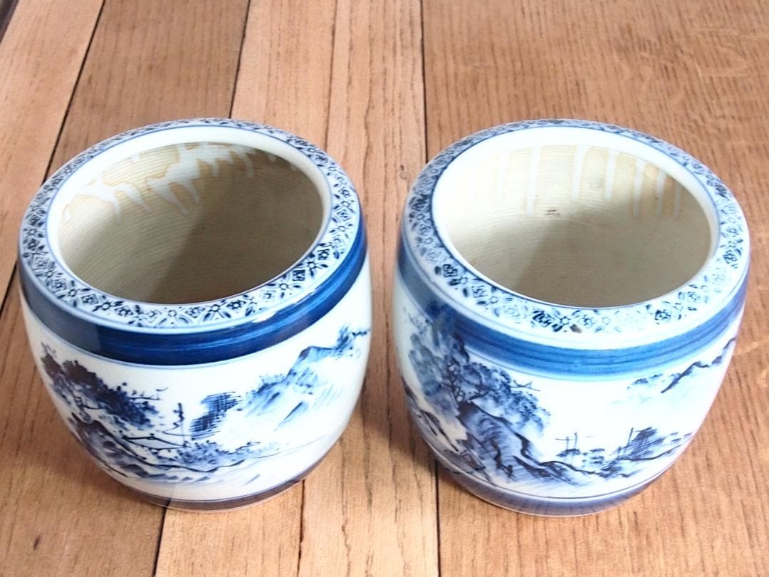 【骨董・美品】染付山水手焙 一対/2個 絵変わり 火鉢/金魚鉢/メダカ鉢 家具
