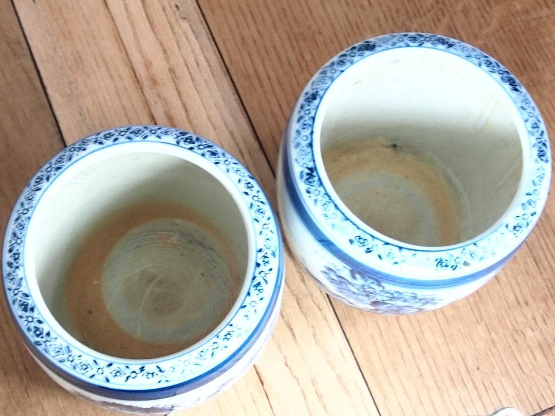 【骨董・美品】染付山水手焙 一対/2個 絵変わり 火鉢/金魚鉢/メダカ鉢 家具