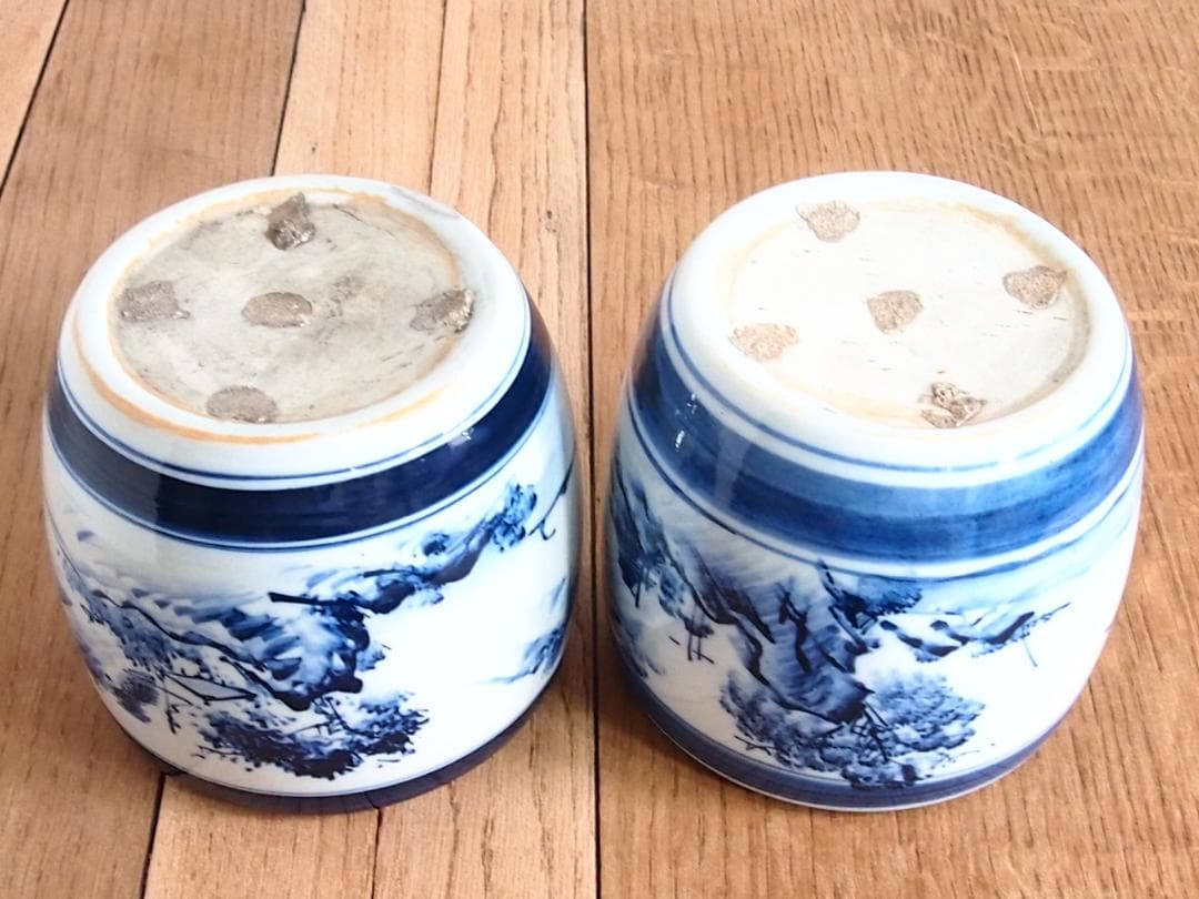【骨董・美品】染付山水手焙 一対/2個 絵変わり 火鉢/金魚鉢/メダカ鉢 家具