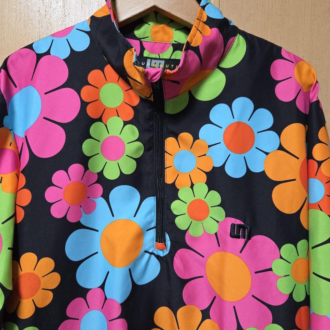 ラウドマウス 黒×マルチ花柄 ハーフジップ 刺繍ロゴ アノラック