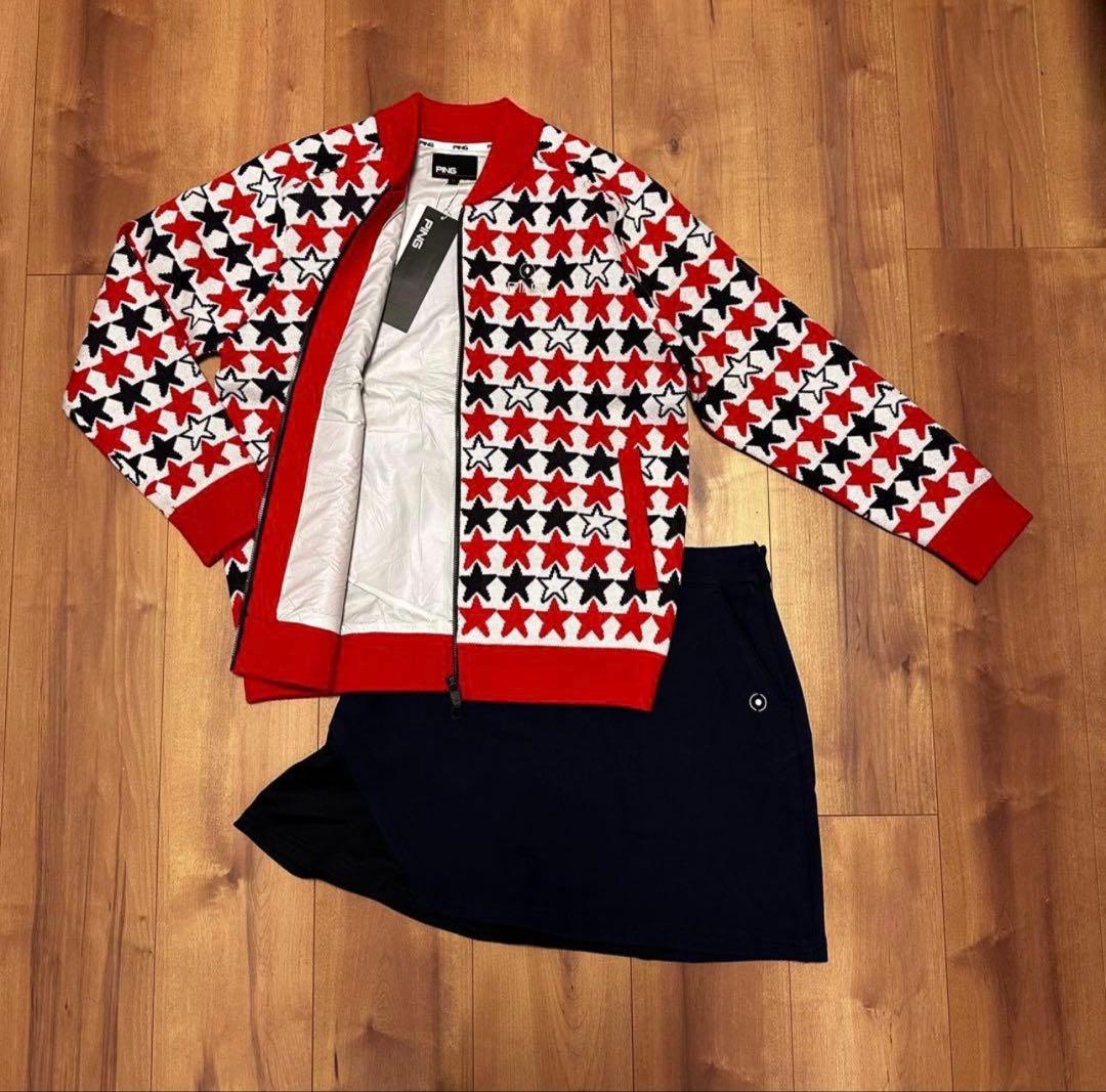 裏地付き　保温防風　ニット　アウター　スカート　セットアップ　秋冬　真冬ゴルフ