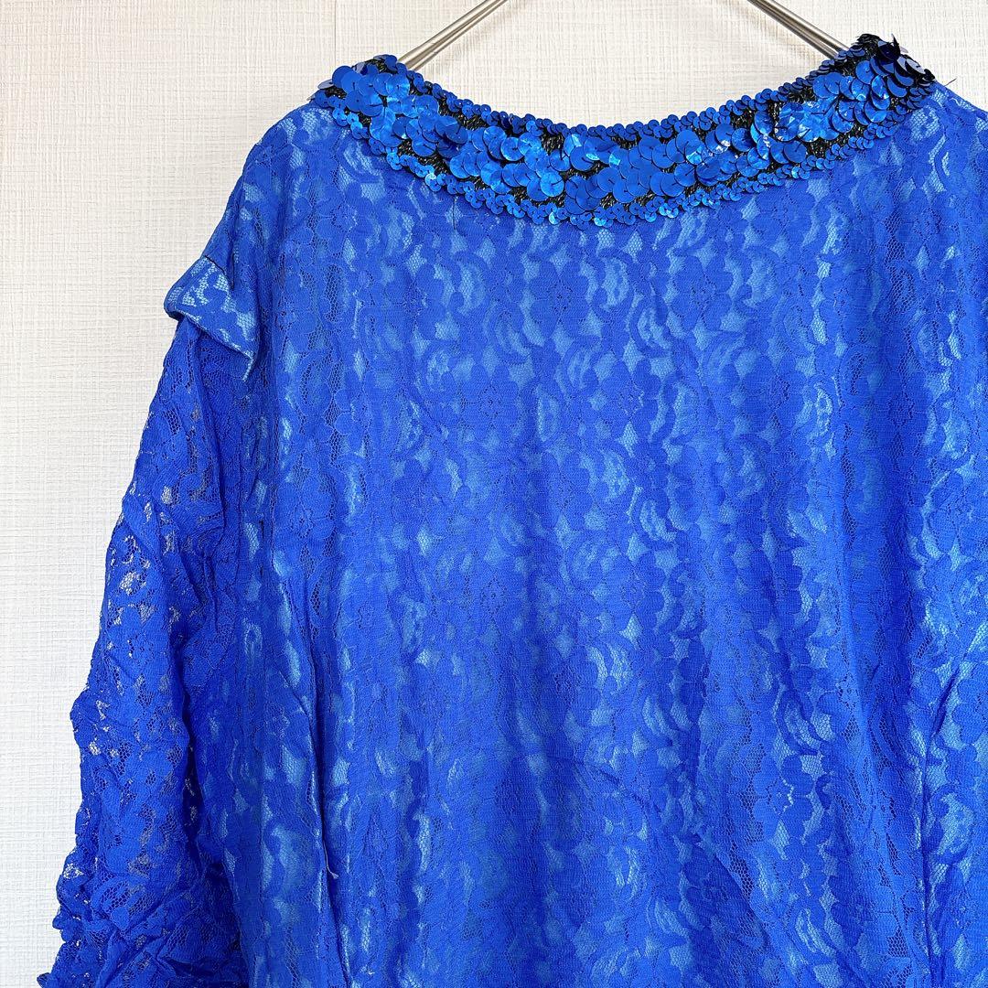 海外デザイン 社交ダンス ドレス ブルー フリンジ スパンコール レース装飾