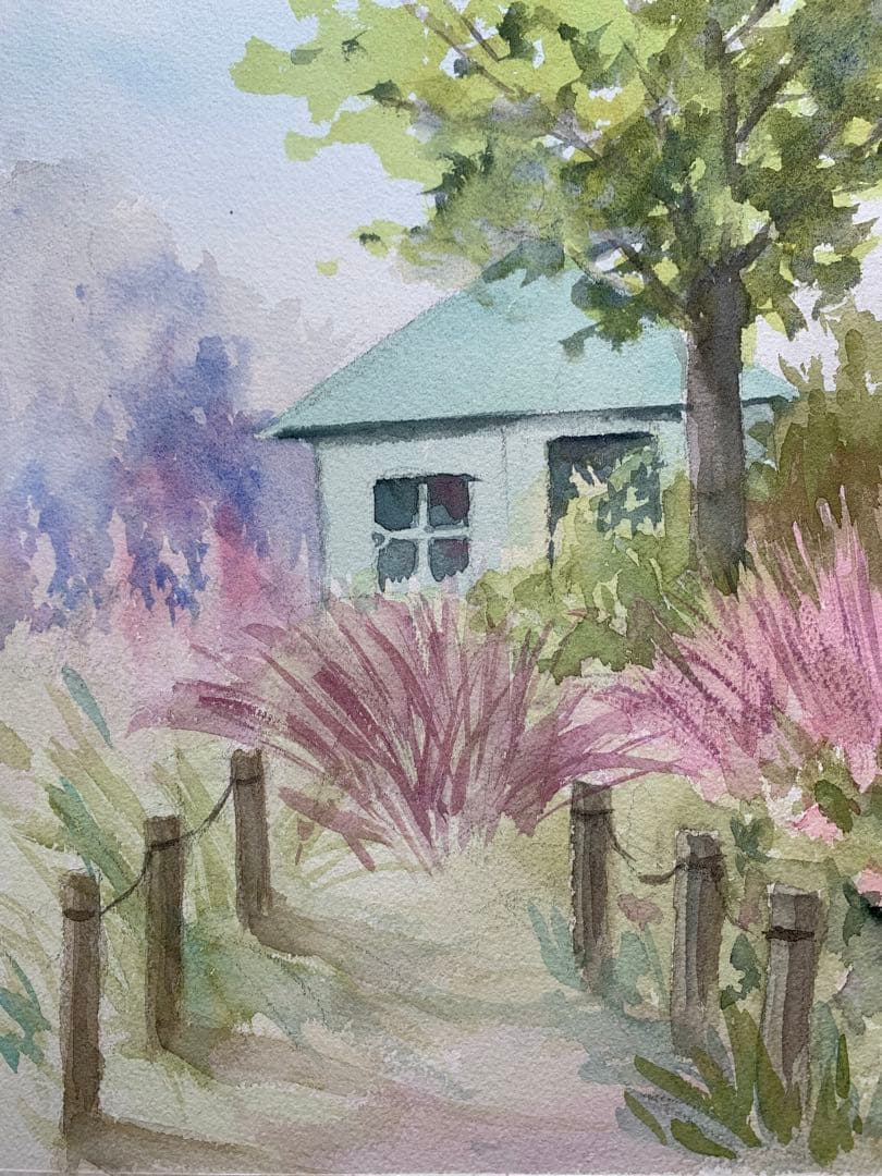 透明水彩画原画癒しのパステルカラーのイングリッシュガーデン