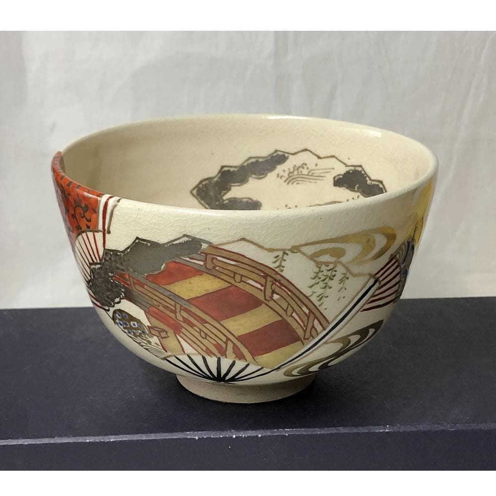 F1161 宮川香雲 色絵 扇面 茶碗 共箱 淡々斎 書付 抹茶碗 茶道具