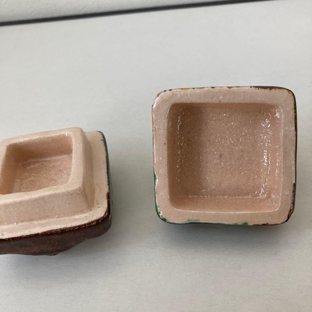 織部　四方香合　手付き　政所窯　明道　共箱　共裂