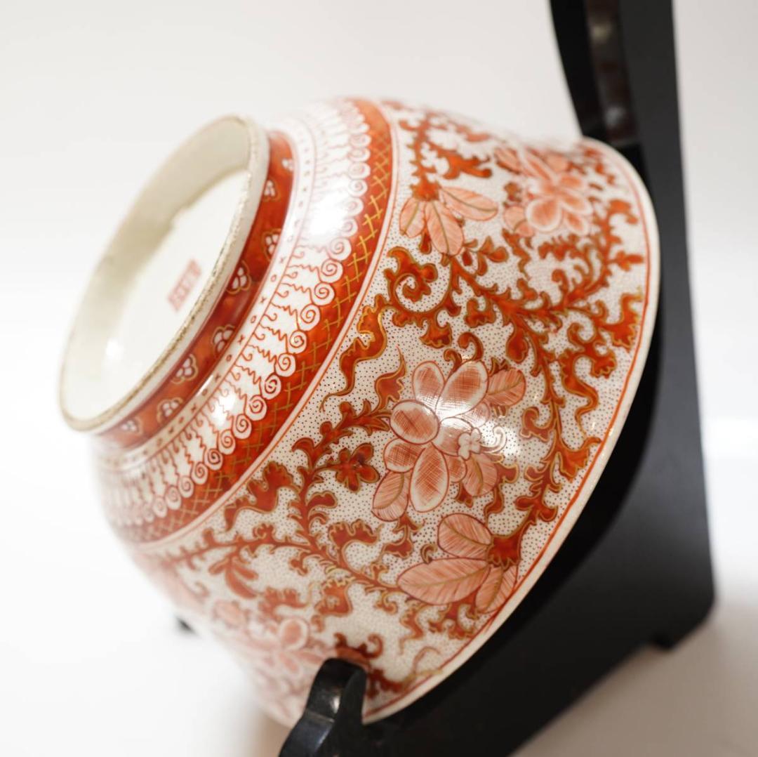 NA3424 九谷焼 加賀赤絵 丼 鉢 金彩 赤絵 共箱 名工 風景 花瓶