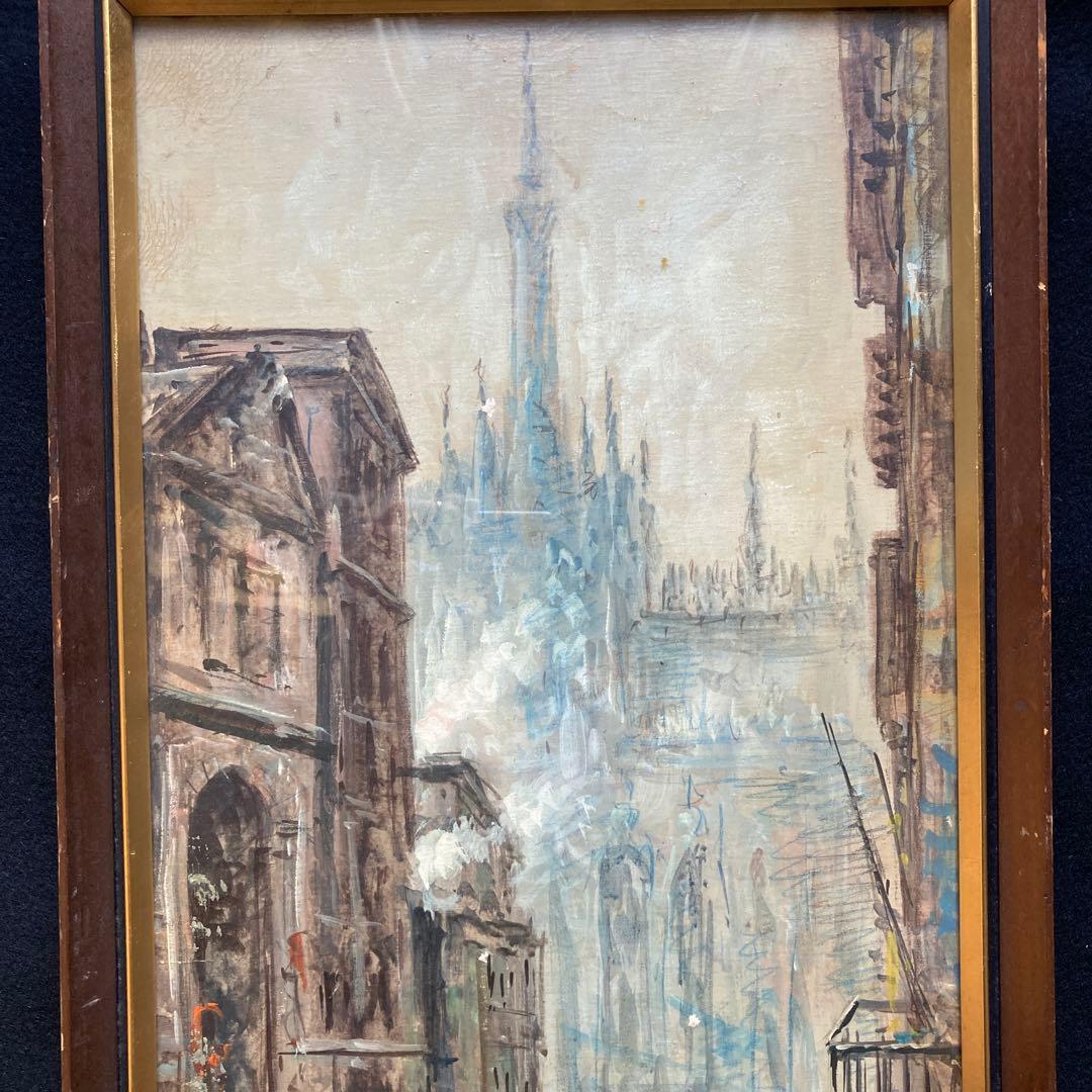 大聖堂風景　作者不詳　油絵　額61×33絵57×28cm ヨーロッパ街の風景