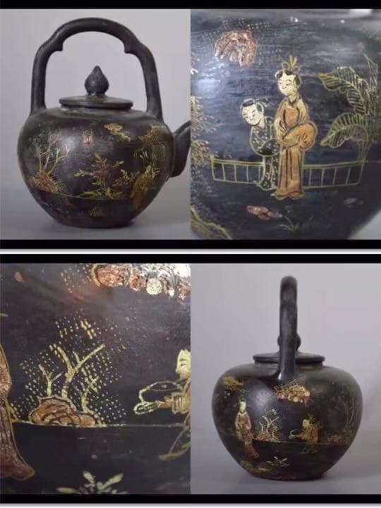 朱泥 急須 彩絵 漆絵 時代