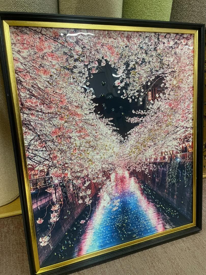 水晶絵　アートパネル　桜　夜桜　目黒川　ハート　さくら　夜景　絵画　絵　壁掛け