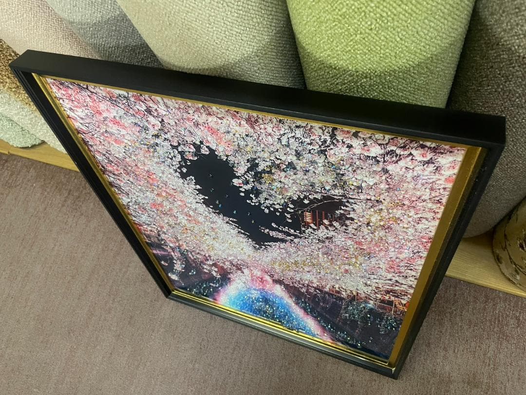 水晶絵　アートパネル　桜　夜桜　目黒川　ハート　さくら　夜景　絵画　絵　壁掛け