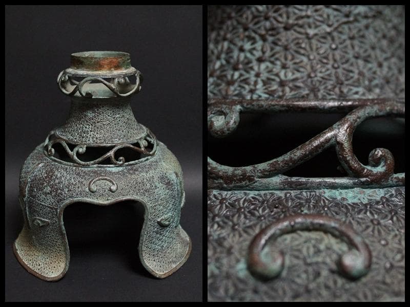 江戸期 古銅鏤空彫燭台 寺院ローソク立て 高さ44.5㎝ 重さ1kg 仏教美術