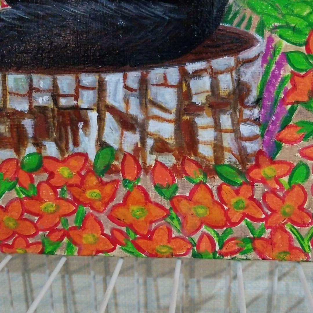 油絵　専用　切り株の上の黒猫