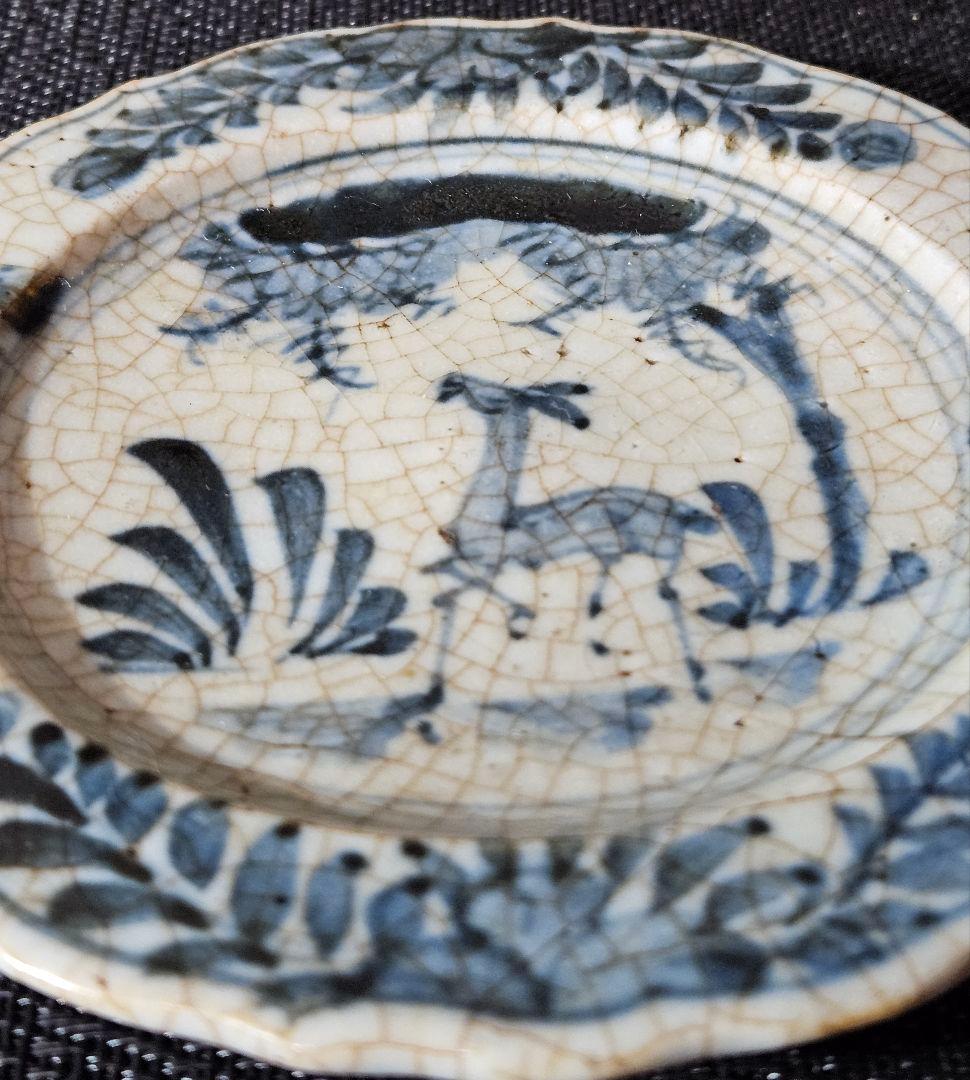 中国古美術　中国古陶磁器　中国古玩　中国南方系　青華　樹木に鹿の図　輪花　呉須皿