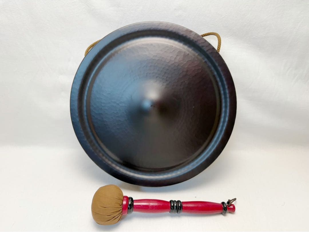 未使用 茶道具 水屋道具 桑 七宝透 銅鑼枠 金谷浄雲作 銅鑼 銅印 桴付 元箱