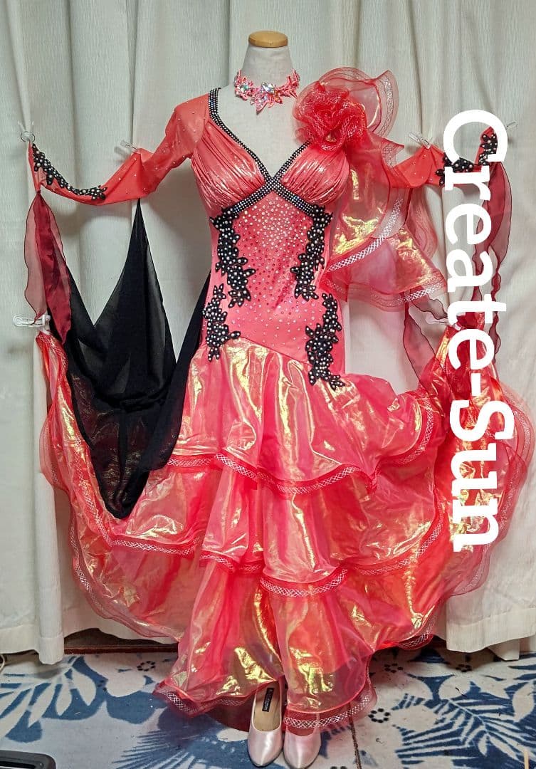 社交ダンスドレス！Create-Sunスタンダードドレス！オレンジレッド！