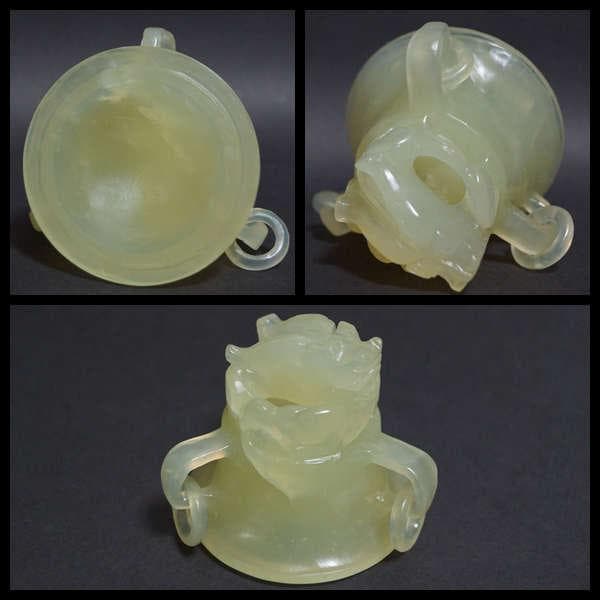 茶道具 天然玉製 細工彫り 双龍耳三足遊環香炉 龍摘香炉 玉石香炉香道具木製台付