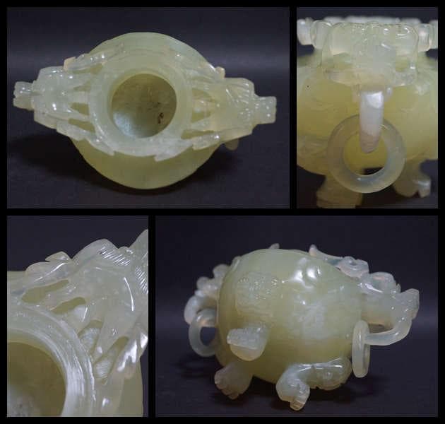 茶道具 天然玉製 細工彫り 双龍耳三足遊環香炉 龍摘香炉 玉石香炉香道具木製台付