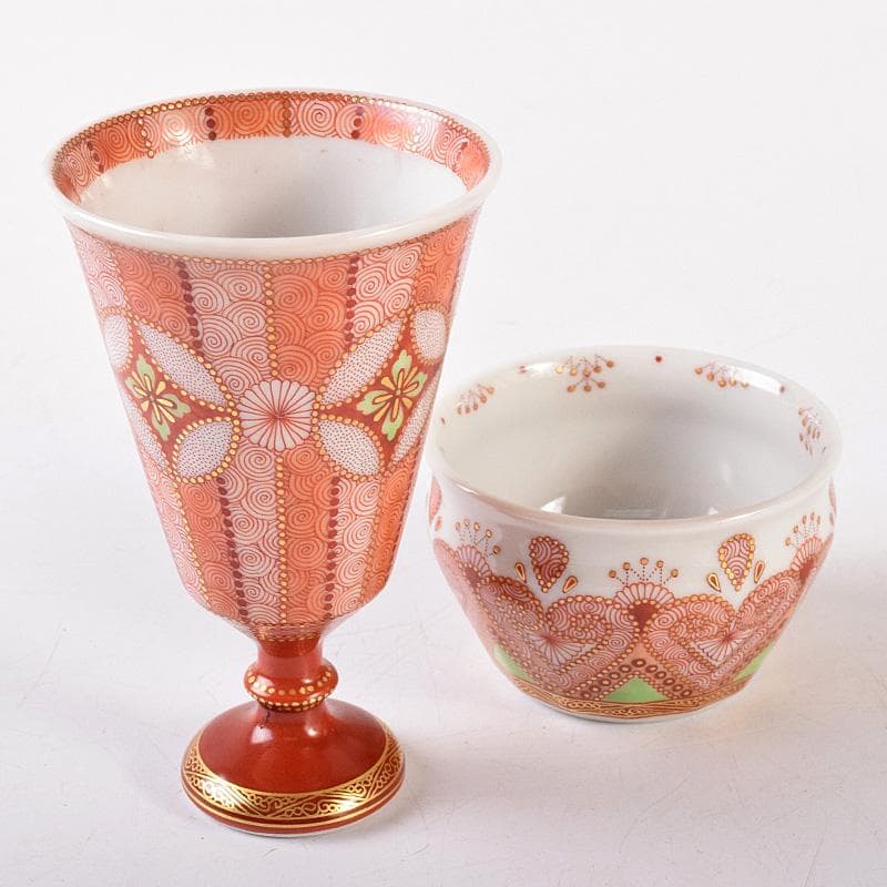 九谷焼　織田恵美作　赤絵細描　酒盃　酒杯　共布共箱　2点まとめて　D　R8072