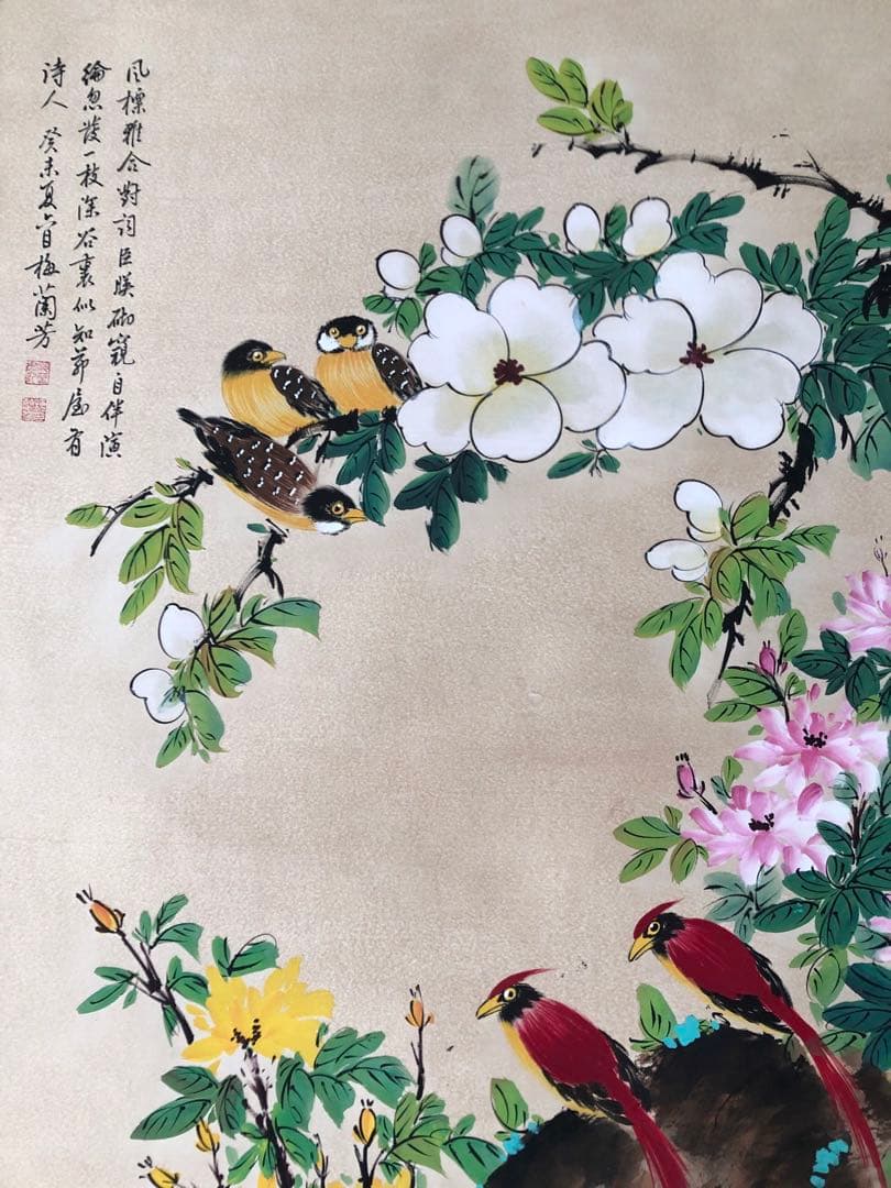 梅蘭芳 花鳥画 掛け軸 四尺 手描き 中国美術 絵画 書画 花鳥図 インテリア