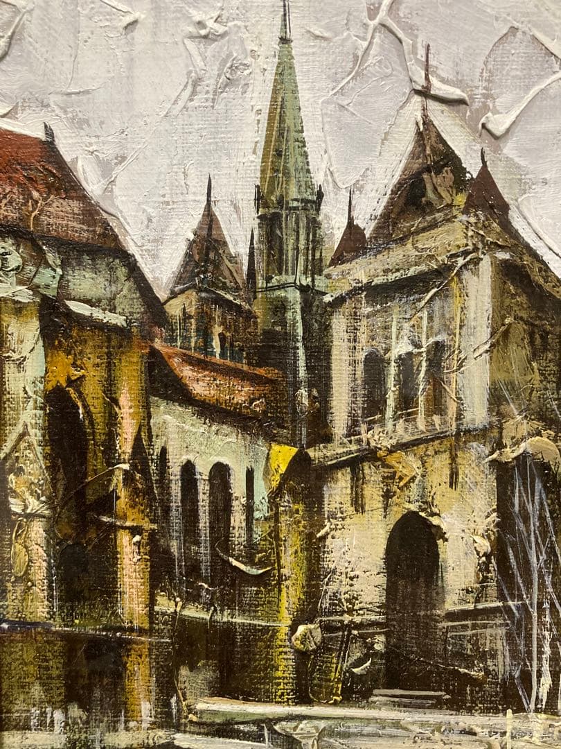 油彩　油絵　寺院の見える街　[竹内敏彦] サイン有　美術年鑑掲載作家　SM号