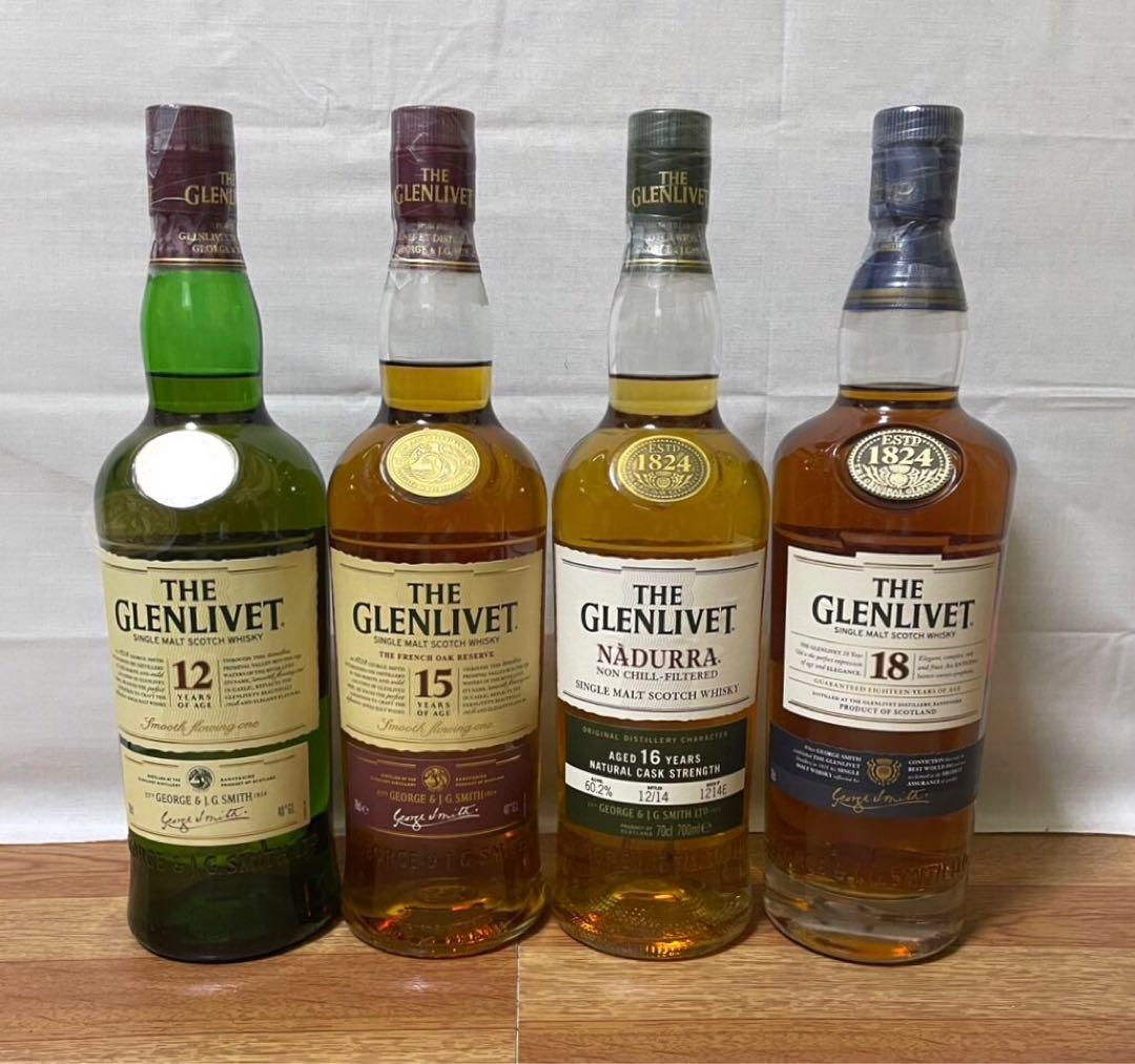 旧ボトル グレンリベット12年&15年&16年 ナデューラ&18年 グラス付き