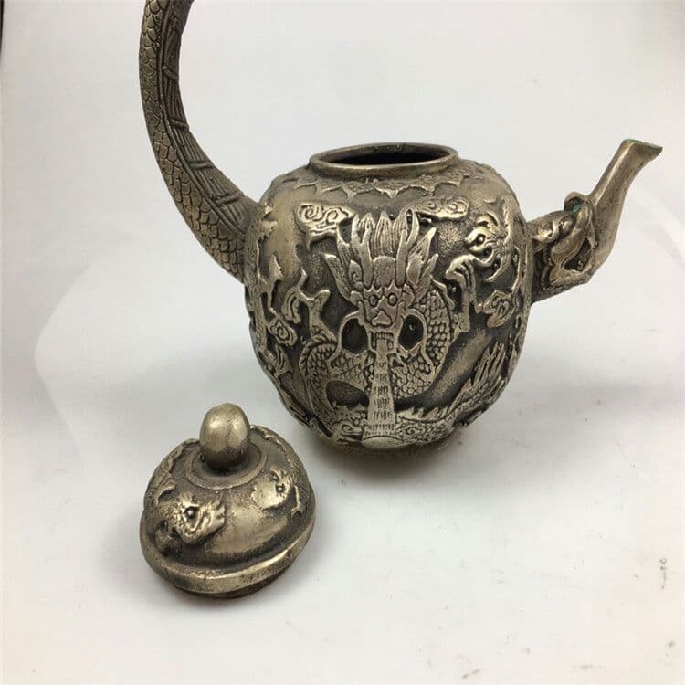 アンティーク工芸品白銅竜頭引出しポット置物 銅急須置物