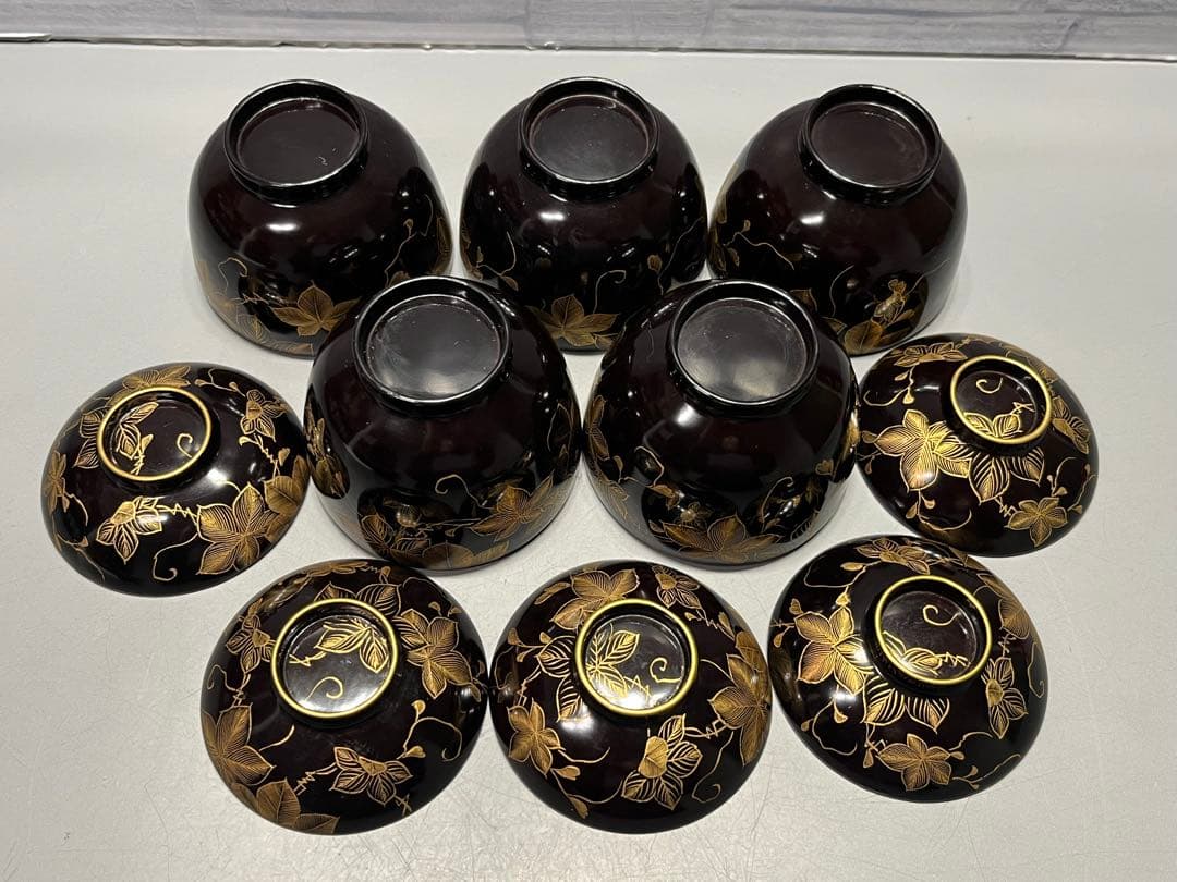 時代　極上　輪島塗　沈金蒔絵　小さな吸物椀　五客　木製